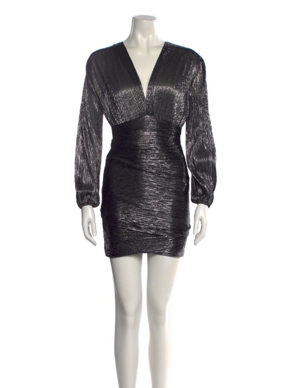 Maje Metallic Black V-Neck Long-Sleeve Mini Dress XS